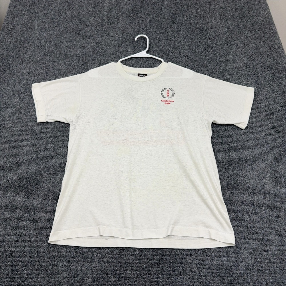 Vintage Gekkeikan Sake Fruit of the Loom T Shirt Men L White Cotton Poly Graphic
